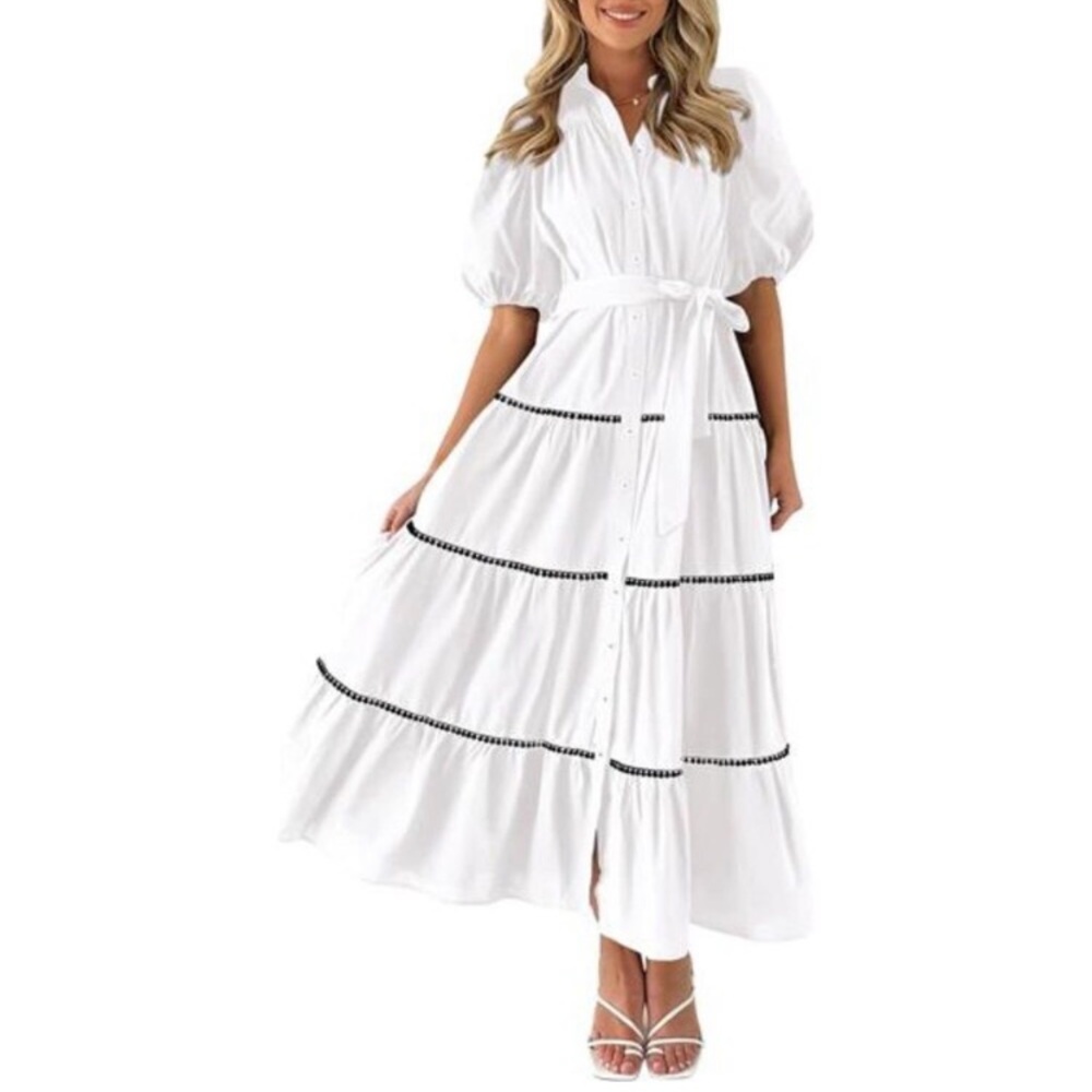 New Women's Summer Button Down Shirt Dress Short Puffy Sleeve Tiered